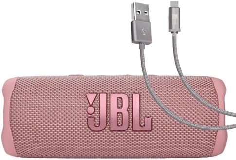 JBL Flip 6 (Pink) + Bundle with Case Logic Braided USB Type-C Charge & Sync (6 ft, Gray)