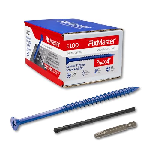 3/16 x 4 Countersunk Phillips Flat Head Blue Concrete Screw Anchors (100 pcs Screw Kit) with one Screwdriver and Drill Bit for Concrete, Masonry, Block, Brick and Wood Fastening