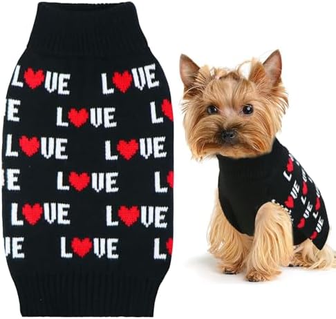 Valentine's Day Dog Sweater, Dog Valentines Day Clothes Dog Valentines Outfit Knitted Dog Sweaters for Small Medium Large Dogs Pets (Black Love, Small)