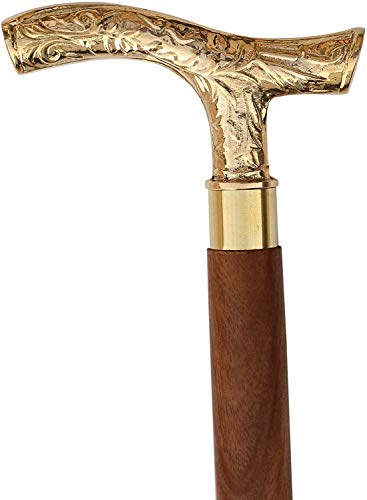 Aaban Nautical Walking Stick - Men Derby Canes and Wooden Walking Stick for Men and Women - 37 Brown Ebony Brass T Shape Handle in Golden Tone Natural Wood Unisex Cane, Yellow