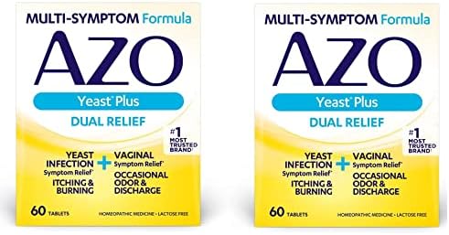 AZO Yeast Plus Dual Relief Tablets, Yeast Infection and Vaginal Symptom Relief, Relieves Itching & Burning, 60 Count (Pack of 2)