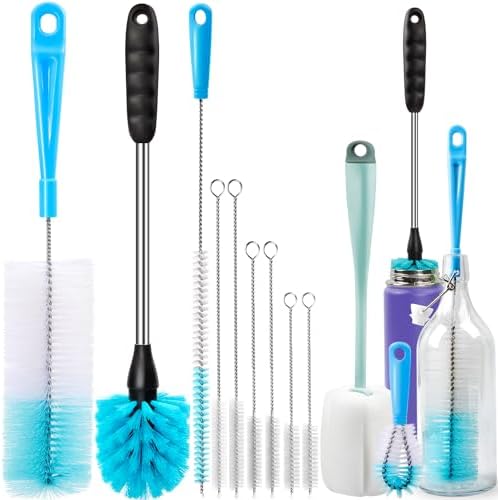 Holikme Bottle Brush Tube Cleaning Set with Long Handle, Cup Cleaner for Washing Narrow Neck Beer Wine Decanter Pipes Lids Sinks Cap Covers, Green
