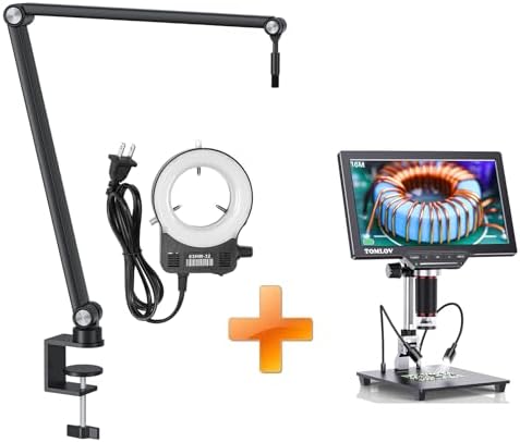 TOMLOV AM04 Microscope Flexible Boom Arm with LED Ring Light，Digital Microscope Suspension Stand with 3/8" to 5/8" Screw Adapter for DM9 DM201 DM202 DM402 DM601 Pro DM602 Flex 4K+ DM202