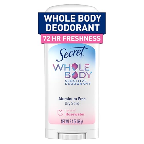 Secret Whole Body Deodorant Dry Feel Stick + Absorbs Sweat for Women, Rosewater Scent, Aluminum Free Deodorant Stick, 72 HR Odor Protection, 2.4 oz