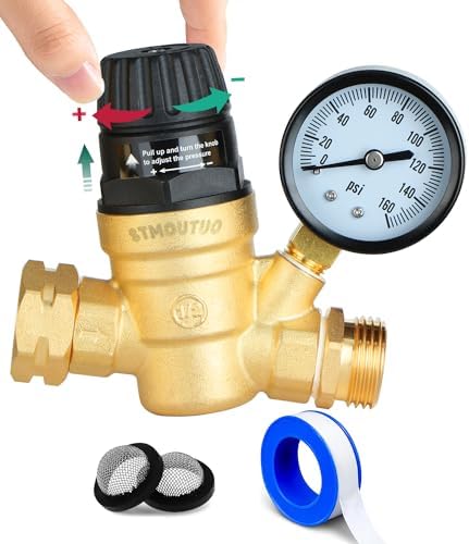 RV Water Pressure Regulator for RV Camper. Brass Lead-Free Adjustable Camper Water Pressure Regulator with 0-160 PSI Gauge ，Reducer Valve W Filter，Package includes 1 raw tape for water pipes.