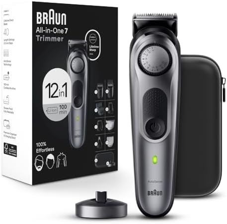 Braun All-in-One Style Kit Series 7 7440, Shaving Kit with 12-in-1 Trimmer for Beard, Body, Manscaping, Hair Clippers, 100 Minute Cordless Runtime, Includes Charging Stand & Premium Case