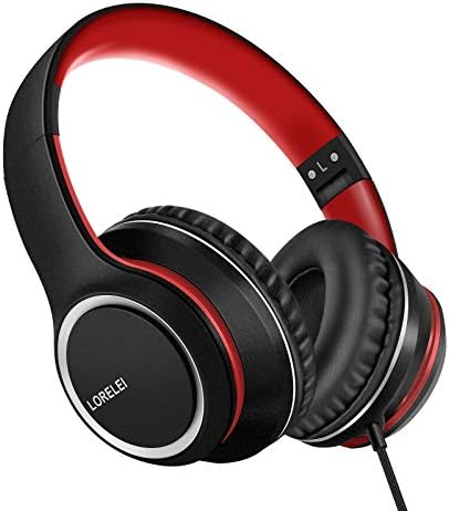 LORELEI X8 Over-Ear Wired Headphones with Microphone with 1.45m-Tangle-Free Nylon Line&3.5mm Plug,Lightweight Foldable & Portable Headphones for Smartphone,Tablet,Computer,Mp3/4(Black-red)