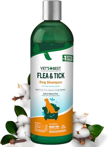 Vet’s Best Flea and Tick Shampoo for Dogs – Cotton Spice Scented Flea and Tick Shampoo – Made for Dogs – Protects Against Fleas, Larve, and Ticks – 12 oz