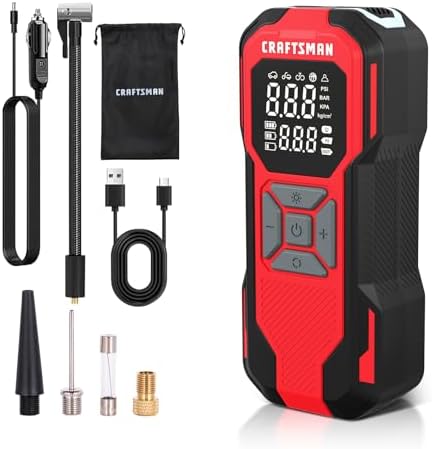 CRAFTSMAN Tire Inflator Portable Air Compressor, Cordless Mini Air Pump for Car Tires with Digital Tire Pressure Gauge, 6000mAh Battery Powered Air Pump, Max Pressure 150 PSI, 12V DC Corded