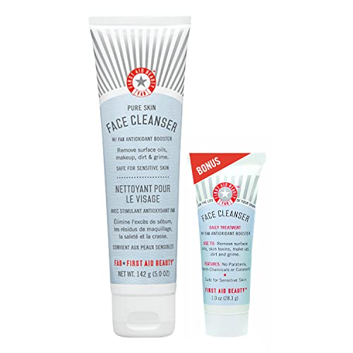 First Aid Beauty - Pure Skin Face Cleanser, Effectively Removes Makeup, Dirt, & Impurities, Gentle Cleanser Leaves Skin Soft & Supple, Safe for Sensitive Skin, Fragrance Free, 5 oz + Travel Size, 2ct