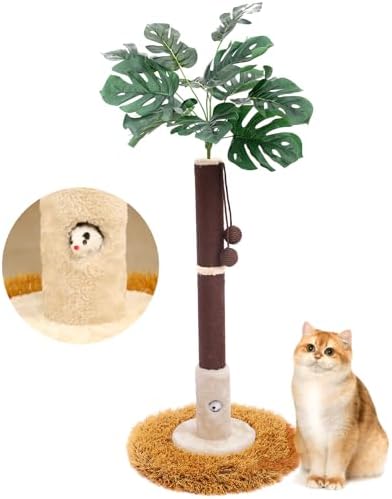 Cat Scratching Posts Cat Trees 35.43" Tall with Sisal Rope Cat Toy and Hanging Ball for Indoor,Wooden Palm Tree Scratch Pole for All Cat (Brown)