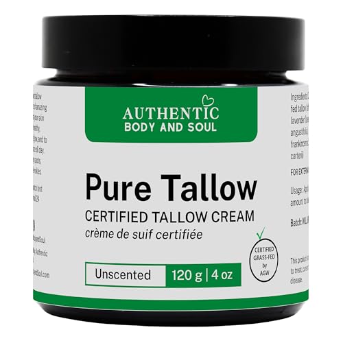 Certified Grassfed Beef Tallow Skin Cream - Whipped Tallow Balm Moisturizer for Sensitive Skin and Baby. (Pure Unscented 4 oz), by Authentic Body And Soul