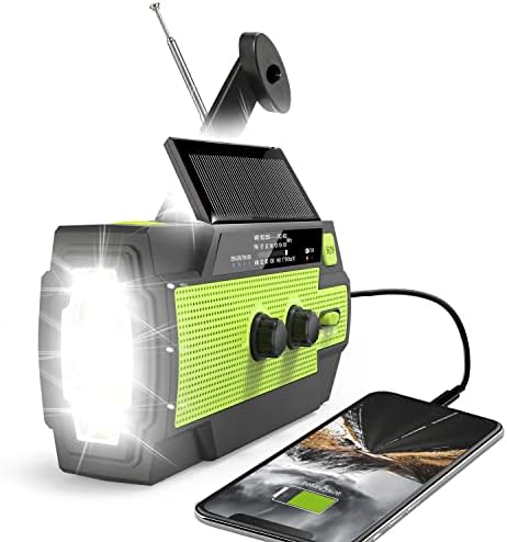 Emergency Crank Weather Radio, 4000mAh Solar Hand Crank Portable AM/FM/NOAA, with 1W 3 Mode Flashlight & Motion Sensor Reading Lamp, Cell Phone Charger, SOS for Home and Emergency Green