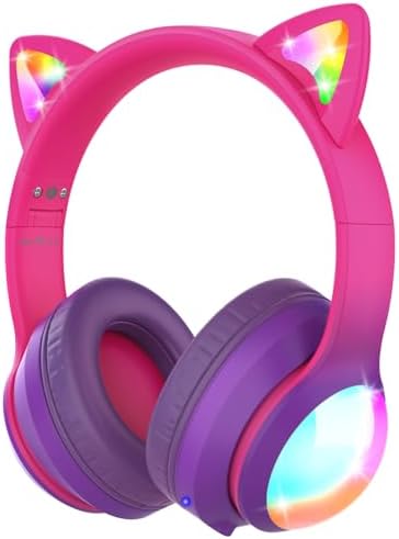 FosPower Kids Bluetooth 5.2 Headphones with LED Cat Ears (85/94dB Volume Limit & 100H Play Time) Foldable Wireless/Wired Headset with 3.5mm Cable for School/Travel - Hot Pink/Purple