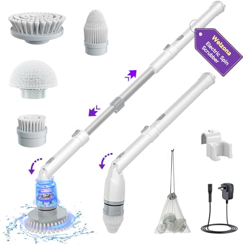 Welzona Electric Spin Scrubber,2024 New Cordless Cleaning Brush,4 Replaceable Brush Heads, Adjustable Extension Handle Electric Cleaning Brush Power Cleaning Brush for Bathroom Floor Tile,Storage Bag