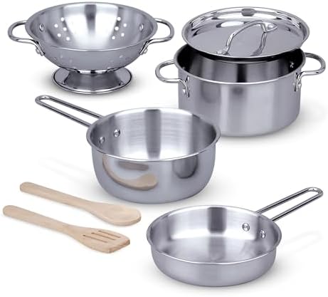 Melissa & Doug Stainless Steel Pots and Pans Pretend Play Kitchen Set for Kids (8 pcs)