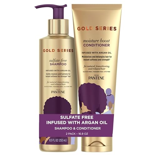 Pantene Shampoo and Sulfate Free Conditioner Kit, with Argan Oil, Pro-V Gold Series, for Natural and Curly Textured Hair, 16.9 fl oz, Kit