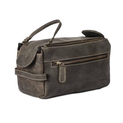 KOMALC Premium Buffalo Leather Unisex Toiletry Bag Travel Dopp Kit (Charcoal Black)