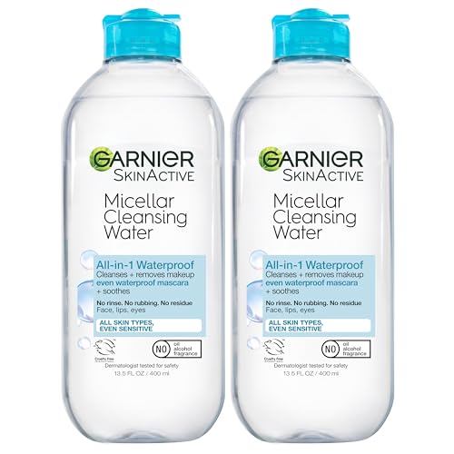 Garnier Micellar Water For Waterproof Makeup, Facial Cleanser & Makeup Remover, 13.5 Fl Oz (400mL), 2 Count (Packaging May Vary)