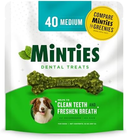 Minties Dental Chews for Dogs, 40 Count, Vet-Recommended Mint-Flavored Dental Treats for Medium Dogs 25-50 lbs, Dental Bones Clean Teeth, Fight Bad Breath, and Removes Plaque and Tartar