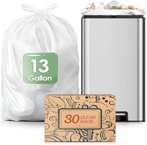 13 Gallon 30 Counts Strong Trash Bags Garbage Bags by Teivio, Bathroom Trash Can Bin Liners, Plastic Trash Bags for home office kitchen (Clear)