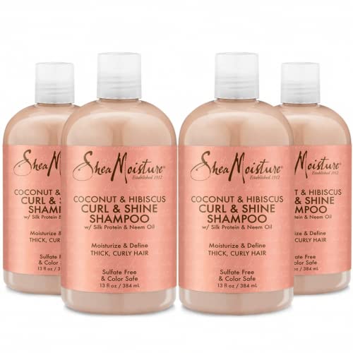 SheaMoisture Shampoo - Coconut & Hibiscus Curl & Shine Shampoo for Curly Hair in Women with Coconut Oil/Vitamin E/Neem Oil, Sulfate Free Coconut Shampoo to Nourish Curls, 13 Fl Oz Ea (Pack of 4)