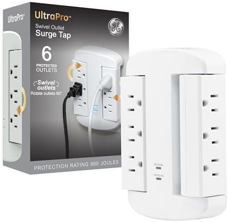 GE 6-Outlet Extender, Surge Protector, Swivel Side Access, Wall Tap Adapter, 3-Prong, 980 Joules, ETL Listed, White, 81781