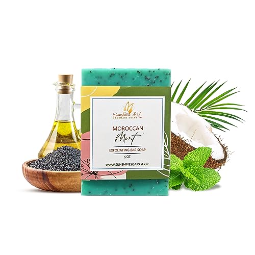 Moroccan Mint Exfoliating Soap, Bar Soap with Poppy Seeds & Shea Butter, Natural Base Oils Body Soap, Body Soap Bars with 6 Natural Base Oils, 5 oz, Sunshine & K Handmade Soaps