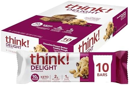 think! Delight, Keto Protein Bars, Healthy Low Carb, Gluten Free Snack - Chocolate Peanut Butter Cookie Dough, 10 Count (Packaging May Vary)