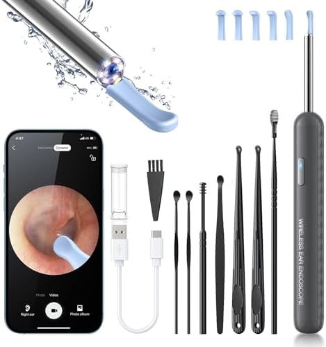 Ear Wax Removal, Ear Cleaner with Camera and Light, Ear Wax Removal Kit with 8 Pcs Set, Ear Wax Removal Tool Camera with 1080P, Ear Cleaning Kit with 6 Spoons, Ear Camera for iOS & Android (Gray)