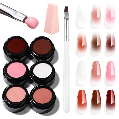 Makartt Ombre Gel Nail Polish Kit - 6 Colors Gradient Blush Effect, Upgrade Pat Painting Gel with Nail Sponge & Drawing Brush for Ombre Winter Manicure White Pink Brown Nude