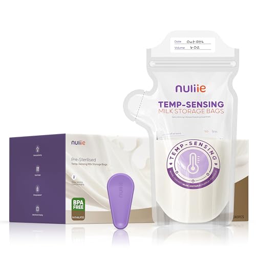 Nuliie 240pcs Temp-Sensing Breastmilk Storage Bag, Huge Temp-Sensing Icon & Locking Clamp, 6oz Breast Milk Storage Bags Freezer Pour Spout, Self Standing Milk Storage Bags Breastmilk, BPA-Free No-Leak