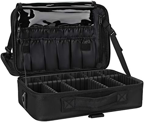 Relavel Makeup Bag Travel Makeup Train Case 13.8 inches Large Cosmetic Case Professional Portable Makeup Brush Holder Organizer and Storage with Adjustable Dividers and Shoulder Strap Black