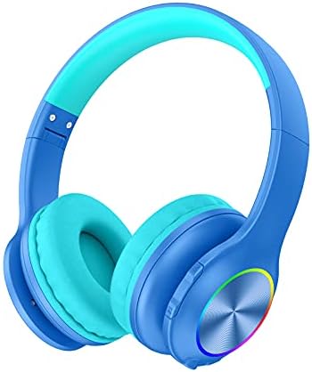 Bluetooth Kids Headphones Fit for Aged 3-21, Colorful LED Lights Comfort Wireless Headphones with Microphone 94dB Volume Limited for School/iPad/PC/TV/Cellphones, Wired & TF Card Mode,Blue