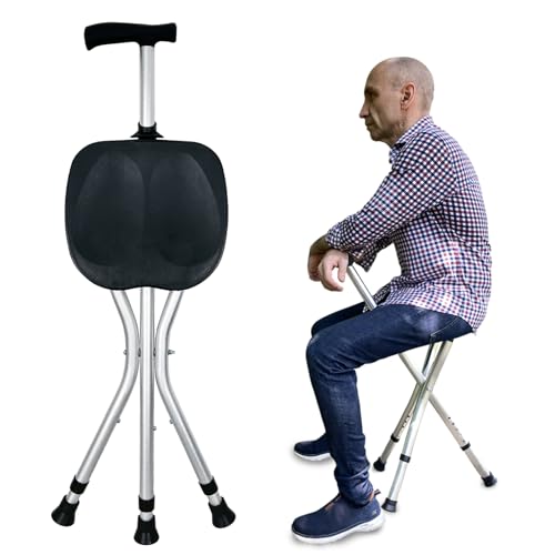 Honmido Portable Adjustable Folding Walking Cane with Seat Allows Durability While Walking and Convenience for Sitting, Alloy Crutch Chair, Anti-Slip Lightweight Walking Stick for Seniors (Black)