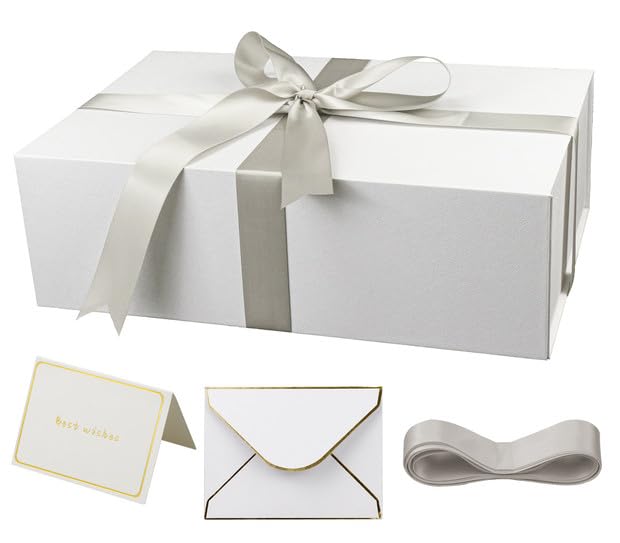 YINUOYOUJIA Large Gift Box with Lid,14"x9"x4.5" Magnetic Gift Box with Ribbon,Cards and Envelopes for Presents,Great for Wedding,Birthdays,Crafting,Gift Packaging (white)