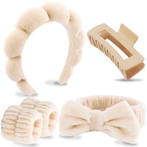 VELSCRUN 5 Pcs Khaki Puffy Sponge Spa Headband Bow Tie Hair Band Hair Clips Wristband Set, Spa Headbands for Wash Face, Makeup Headband, Facial Skincare Headbands Women Girls Hair Accessories Gifts