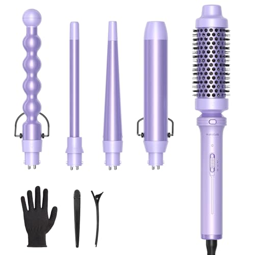 Wavytalk 5 in 1 Curling Iron,Curling Wand Set with Curling Brush and 4 Interchangeable Ceramic Curling Wand(0.5”-1.25”),Instant Heat Up,Include Heat Protective Glove & 2 Clips (Purple)