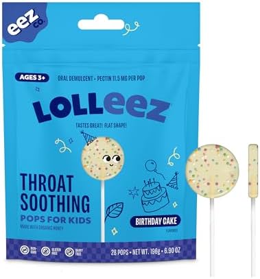 Lolleez Lollipops for Kids Sore Throat Relief, Birthday Cake Perfect for Soothing A Sore Throat While Tasting Great, Birthday Cake, 28 Count