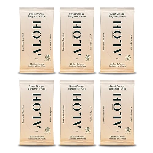 ALŌH Sweet Orange Bergamot + Aloe Sanitizing Hand Wipes - Clean Hands, Clear Mind - On The Go Hand Sanitizer Wipes for Kids and Adults - Travel Size 6 Packs 20ct Wipes (120 wipes)