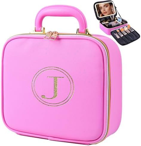 Makeup Travel Train Case with Mirror, LED Light, 3 Adjustable Brightness Levels, Cosmetic Bag with Handle, Portable Storage, Adjustable Partition, Waterproof, Monogrammed Gift Makeup Bag for Women