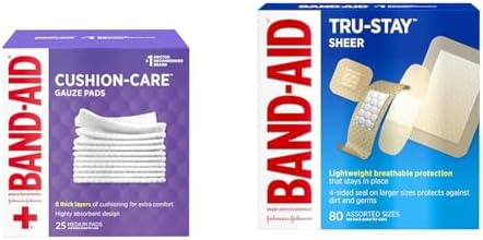 Band-Aid Brand Cushion Care Non-Stick Gauze Pads, 25 Count and Tru-Stay Sheer Strips Adhesive Bandages, 80 Count
