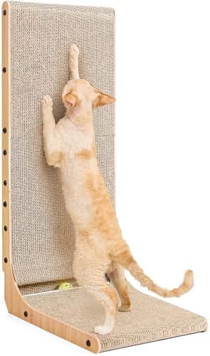 EHEYCIGA Cardboard Cat Scratcher for Indoor Cats, 32 Inch L Shaped Vertical Cat Scratching Board with Ball Cat Toy, Extra Large Cat Scratcher Pad