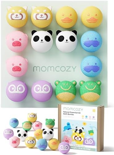 Momcozy Natural&Organic Essential Oil Bath Bombs,14 Pcs Bubble Bath Fizzy Balls with 7 Cute Animal Shapes,Bath Bombs Gift Set for Kids Girls Boys Toddler, Ideal Gift for Birthday, Bath Bomb Kit