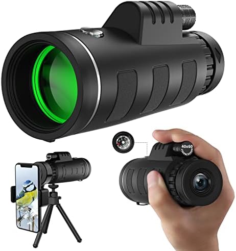 40x60 High Definition Monocular Telescope with Smartphone Adapter, BAK4 Prism FMC Monocular with Clear Low Light Vision for Wildlife Hunting Camping Travelling（LD006-00A-30）