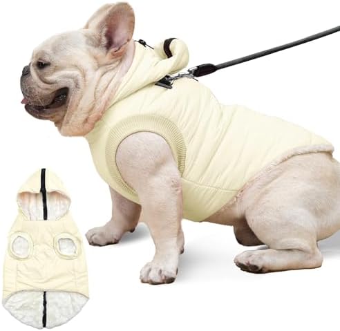 Fleece Lining Dog Hoodie with Harness Built in,Extra Warm Medium Dog Jacket in Winter Doggie Coats with Hooded,Light Yellow XL