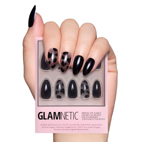 Glamnetic Press On Nails - Love Me Not | Short Almond Nails with Black Heart Accents, Reusable Stick On Fake Nails with Glue | Love In Bloom Valentine’s Nails | 15 Sizes - 30 Nail Kit with Glue