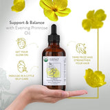 HBNO Organic Evening Primrose Oil - Huge 4 oz (120ml) Value Size - USDA Certified Organic Evening Primrose Oil, Cold Pressed carrier oil for Face, Body, Lips, Nails, Shampoo & Conditioner.