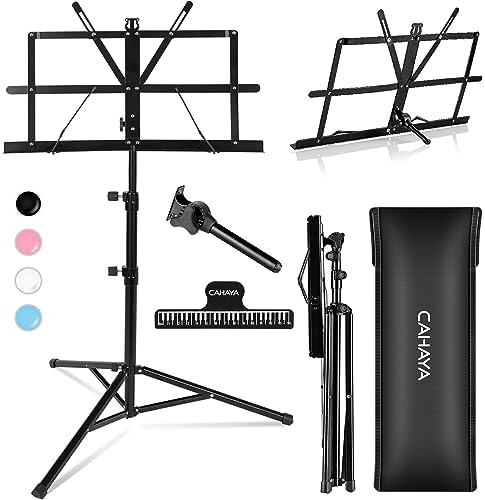 CAHAYA 2 in 1 Dual Use Extra Stable Reinforced Folding Sheet Music Stand & Desktop Book Stand Lightweight Portable Adjustable with Carrying Bag, Metal Music Stand with Music Sheet Clip Holder CY0204