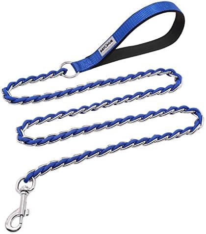 Chew Proof Metal Leash Chain Dog Leash for Medium Large Dogs, Chain Link Dog Leash Anti Chew 4FT Strong Anti Bite Dog Leash Comfortable Soft Padded Handle Blue